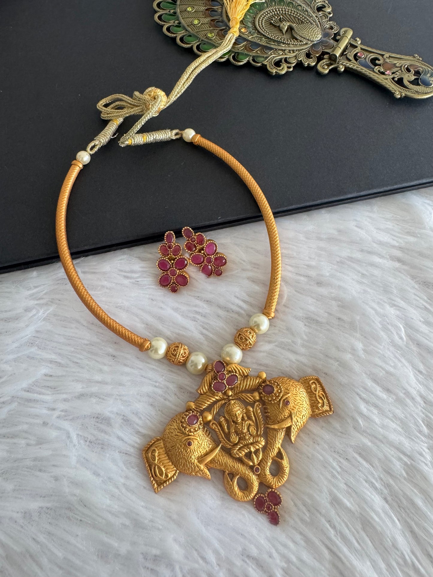 Matte finish ruby Lakshmi-Elephant necklace set dj-52096