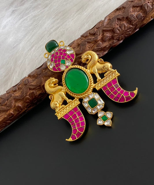 Antique green stone jadau lion pendant dj-53847