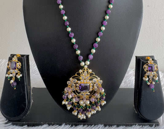 Gold tone purple-green beaded block stone pendant necklace Set Dj-51463