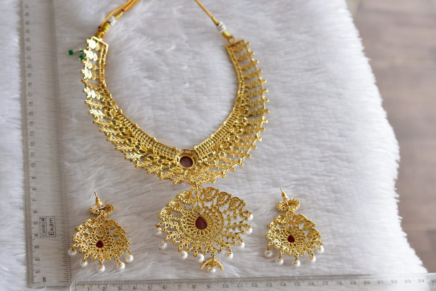 Two tone ruby-white bridal big necklace set dj-51980