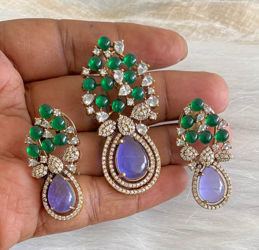 Antique gold tone purple-green-white pendant set dj-53978
