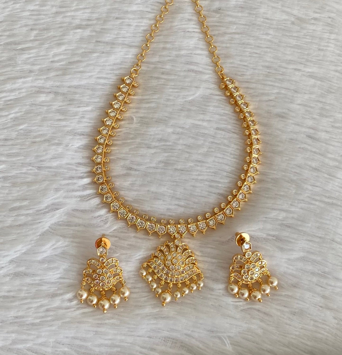 Gold tone AD white stone pearl south indian style necklace set dj-53421