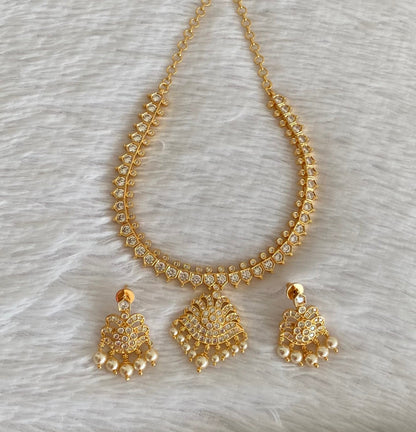 Gold tone AD white stone pearl south indian style necklace set dj-53421