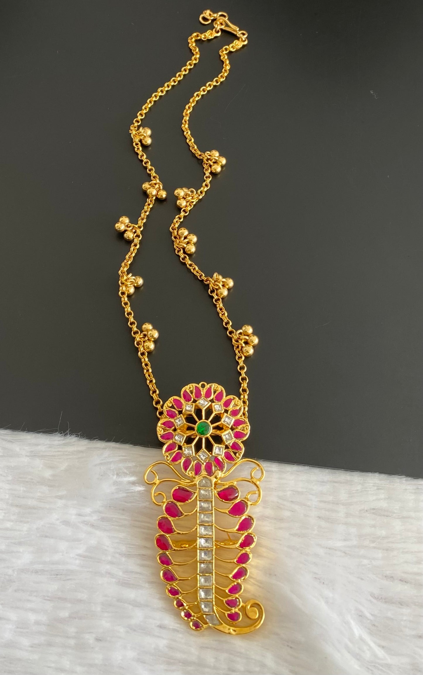 Gold tone pink-green-white kundan jadau mango flower necklace dj-53139