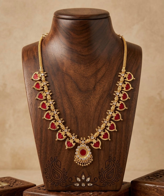 Gold tone white-red palakka necklace dj-53072