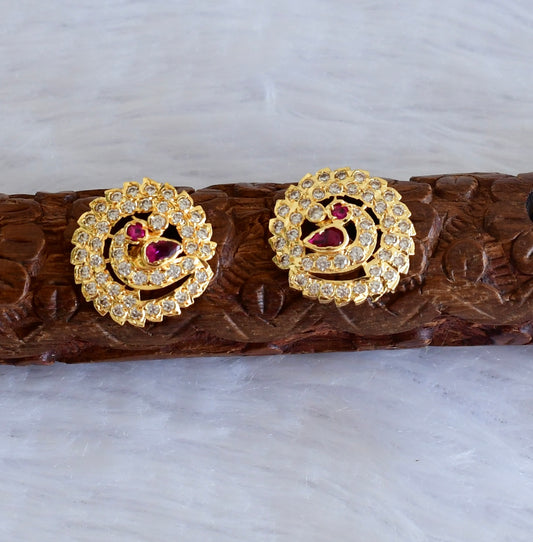 Gold tone AD pink-white south Indian peacock round stad/earrings dj-53347