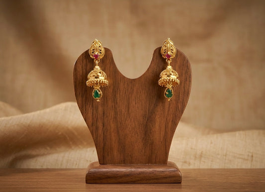 Gold tone pink-green stone screw back  jhumkka-dj52891