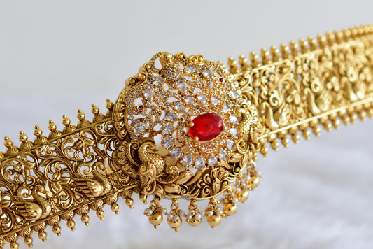 Antique gold tone red-white stone peacock waist band dj-52194
