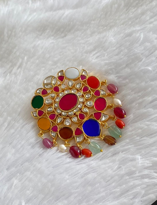Gold tone navarathna kundan jadau flower pendant dj-51587