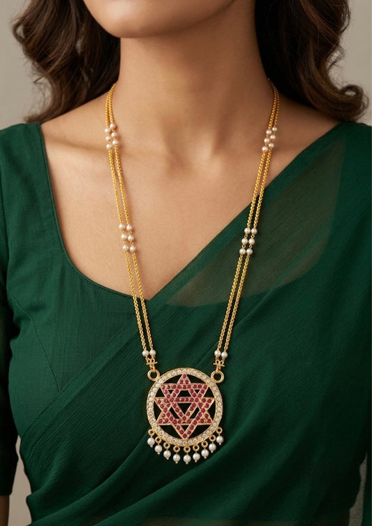 Gold tone 24 inches pearl chain with AD pink-white chakram pendant dj-54491