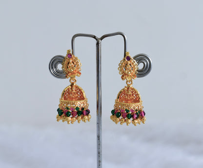 Gold tone kerala style pink-green lakshmi jhumkka dj-51807