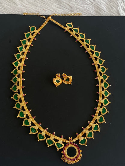 Gold Tone Green-pink Big Palakka Haar Set Dj-51122