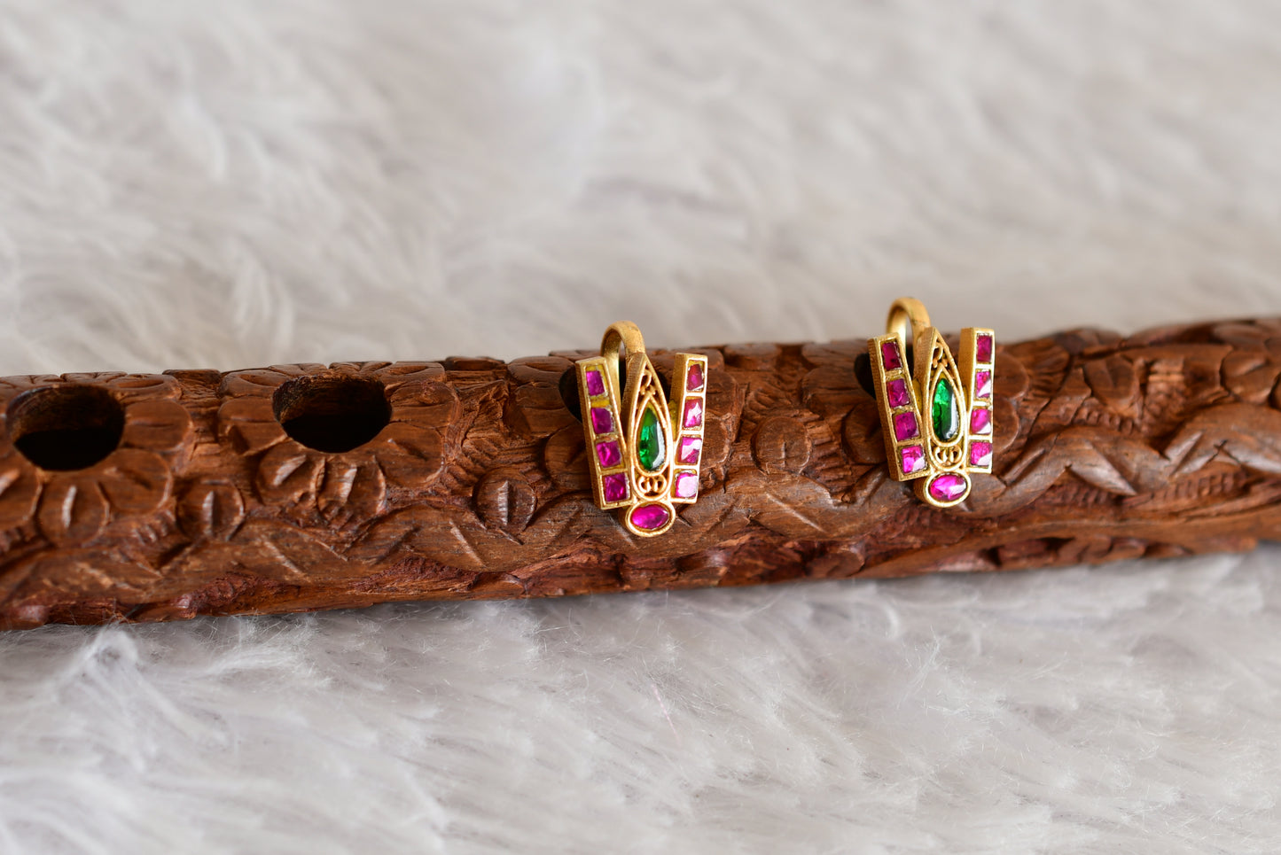 Gold tone pink-green-white kundan jadau Shri Thirumal Nama bugadi earrings dj-52496