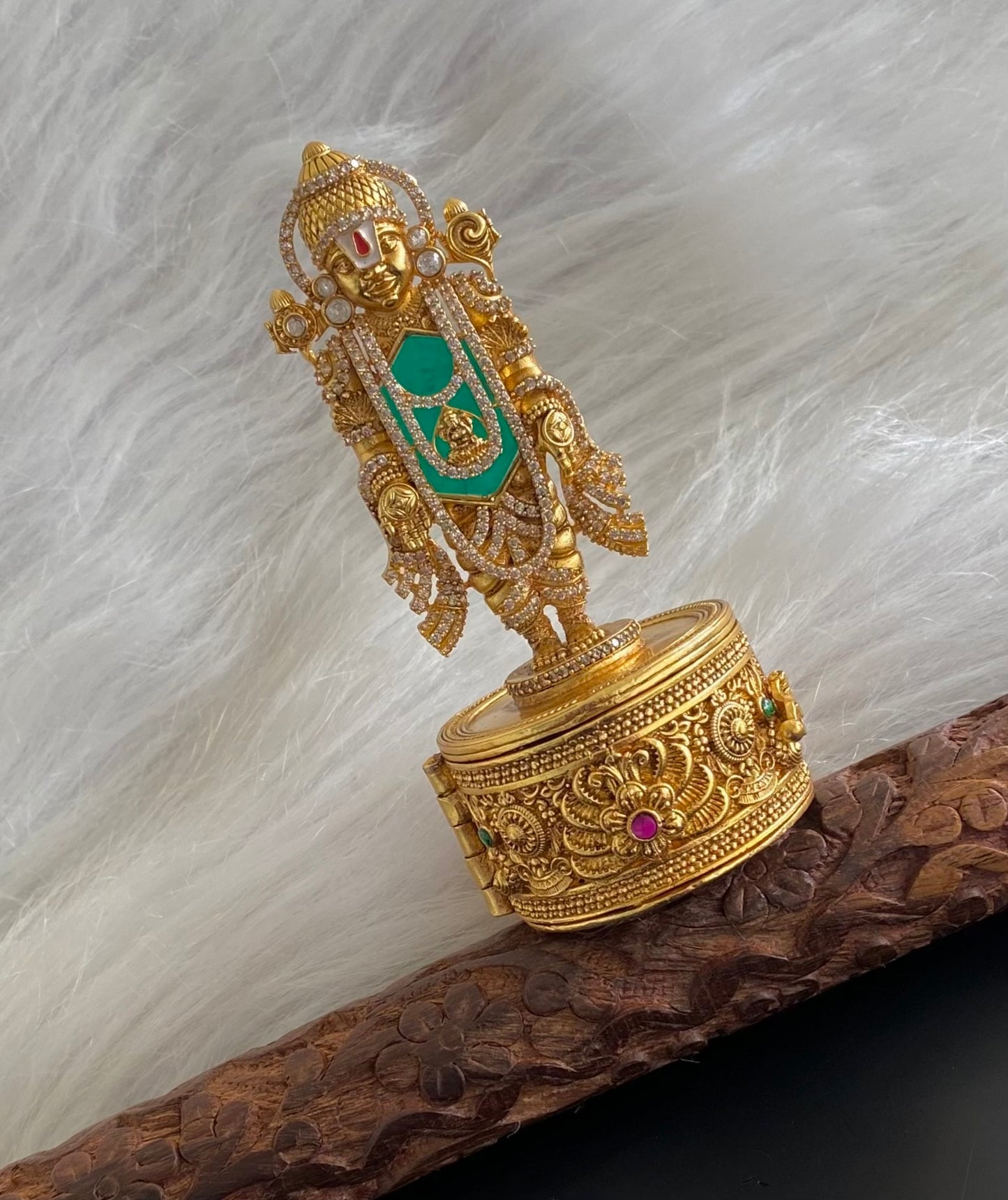 Gold tone pink -green shri thirumal kumkum box dj-54221