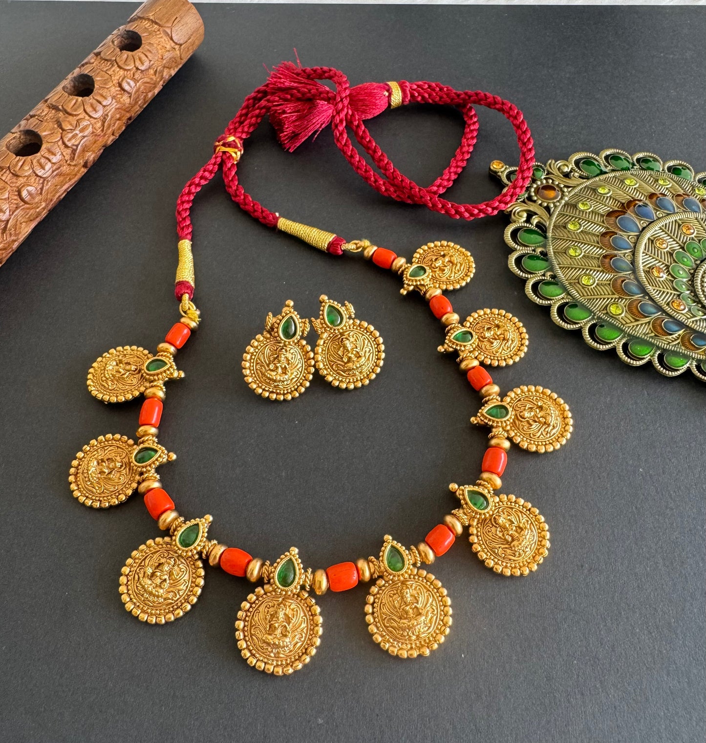Matte finish coral-green lakshmi necklace set dj-52082