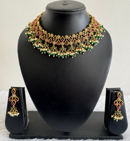 Matte finish kemp-green lotus pearl cluster choker necklace set dj-52127