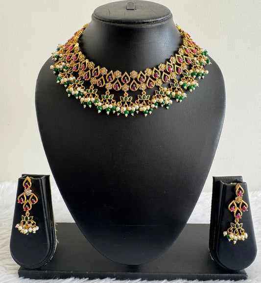 Matte finish kemp-green lotus pearl cluster choker necklace set dj-52127