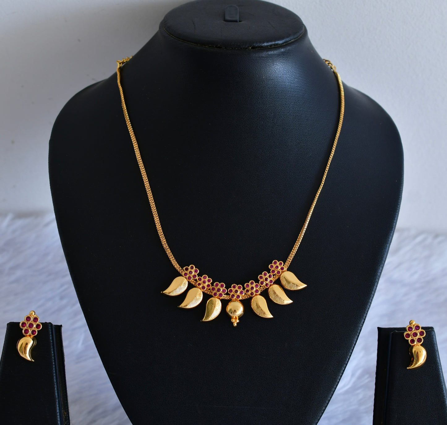 Gold tone pink flower stone mango necklace set dj-53084