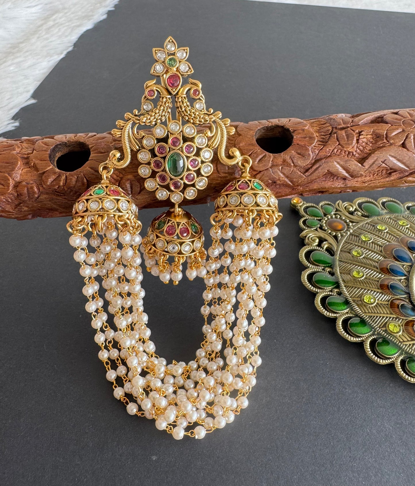 Antique gold tone kemp-green pearl peacock hair jewel dj-52030