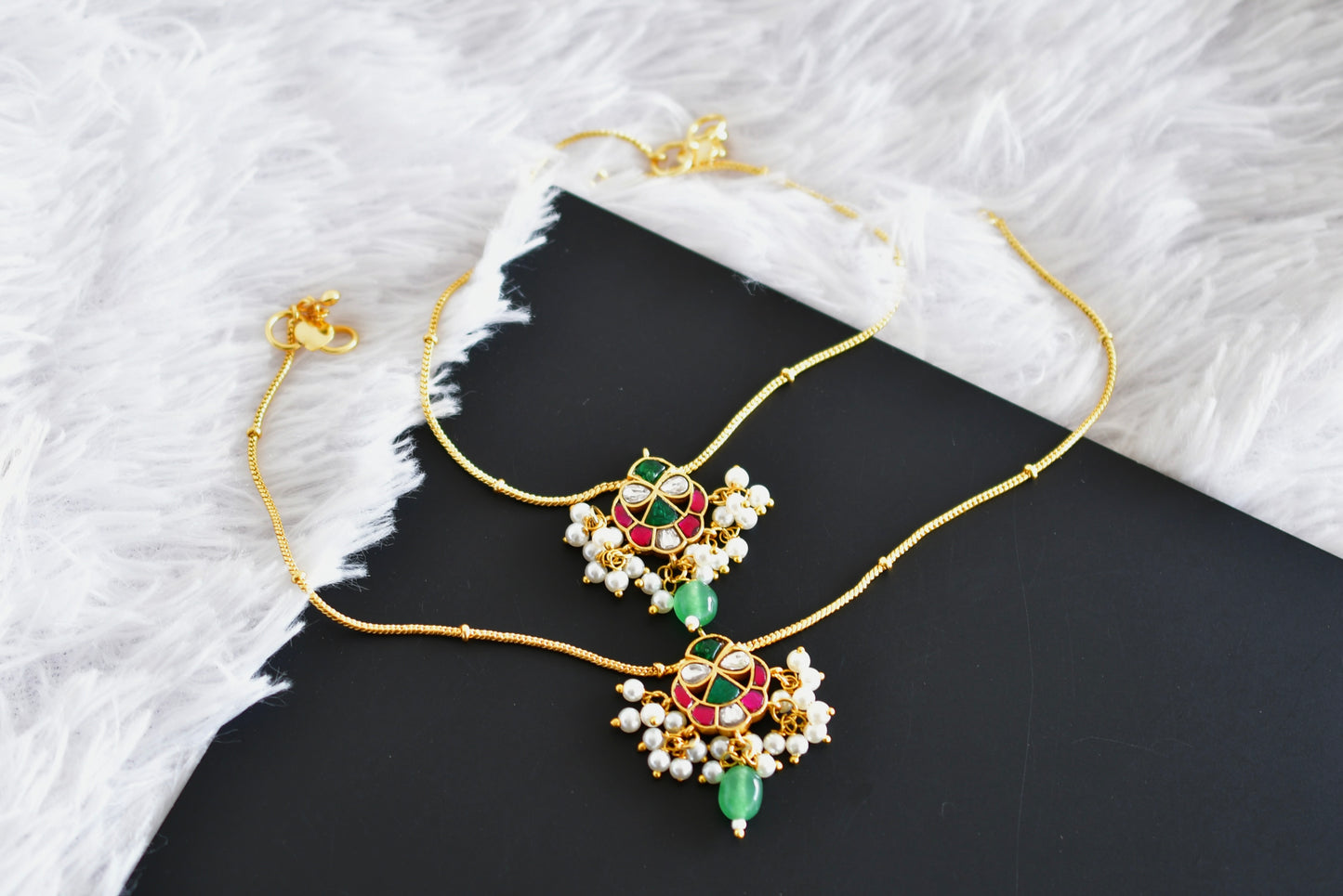Gold tone pink-white-green kundan jadau anklets dj-52403