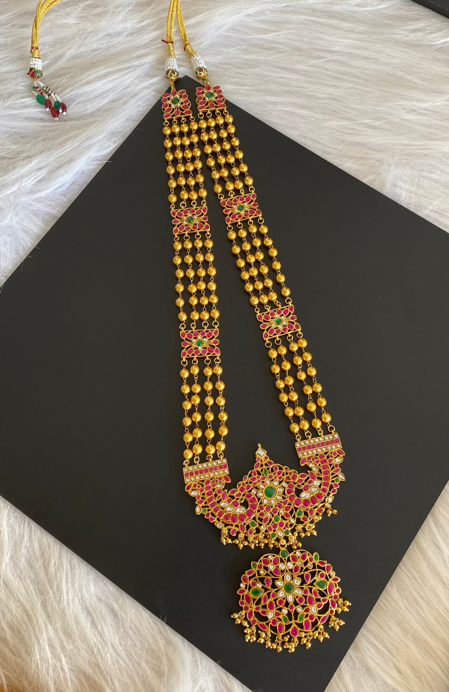 Gold tone pink-green-white flower kundan jadau haar dj-54158