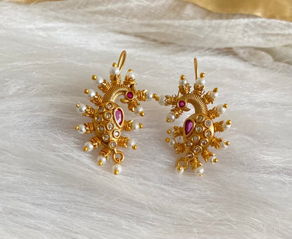 Matte gold pink-white stone pearl peacock bugadi earrings dj-53672