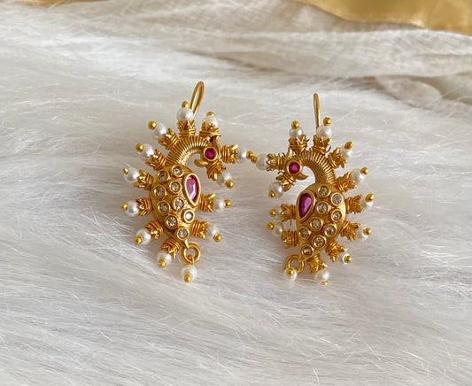 Matte gold pink-white stone pearl peacock bugadi earrings dj-53672