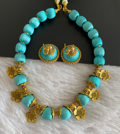Antique gold tone sea-green silk thread flower necklace set dj-52928
