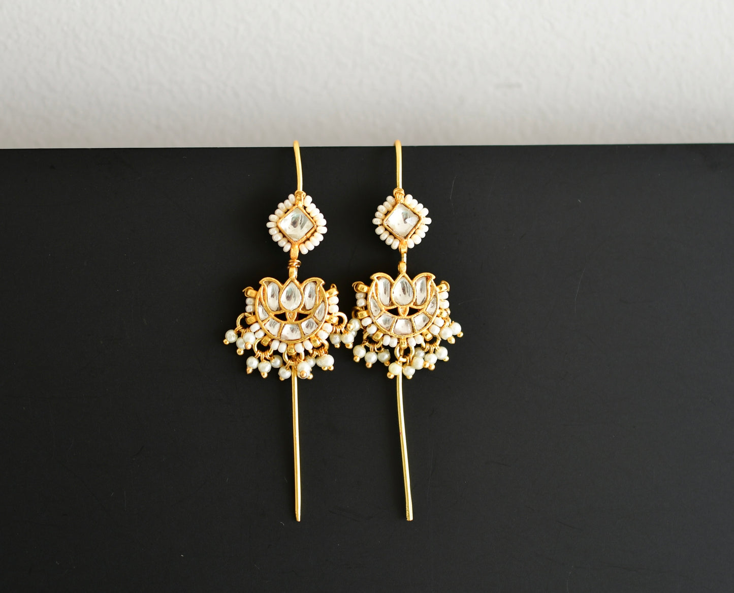 Gold tone white kundan jadau lotus bugadi needle earrings dj-52448