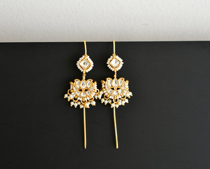 Gold tone white kundan jadau lotus bugadi needle earrings dj-52448