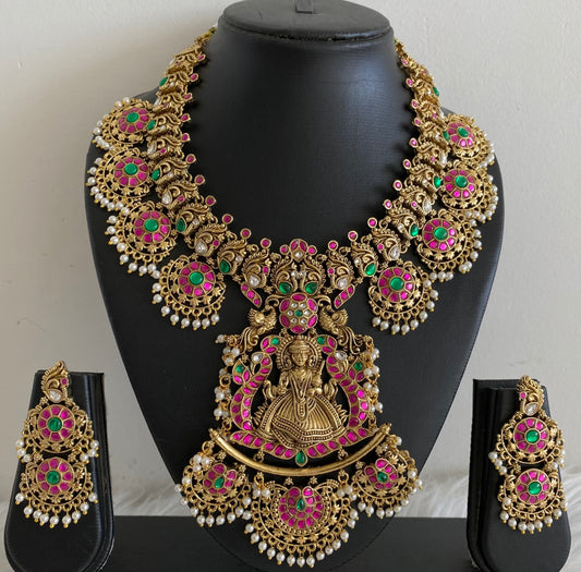 Antique gold tone peacock kundan jadau pearl necklace set dj-54161