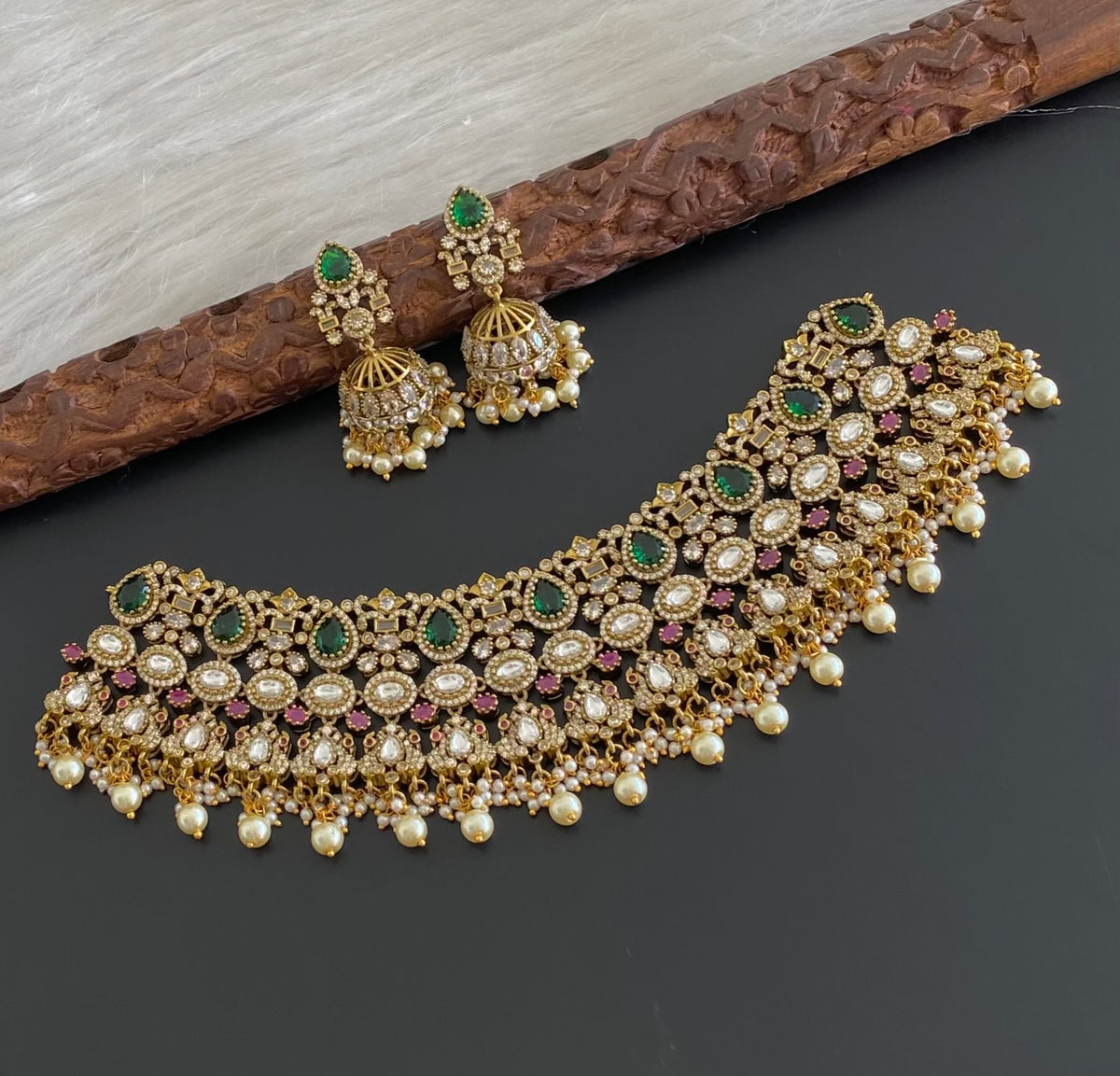 Antique gold tone peacock kundan pearl choker necklace set dj-54805