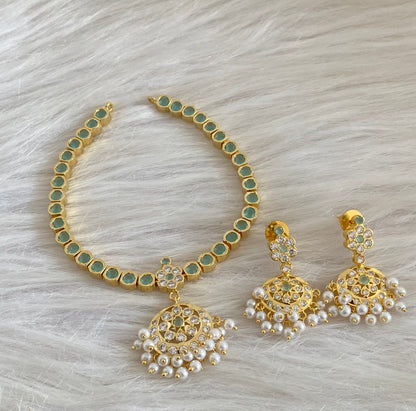 Gold tone AD sea green white stone south indian style attigai/necklace set dj-55144