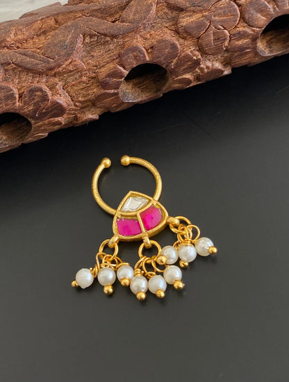 Gold tone kundan jadau pink-white stone pearl nose pin/bulakku dj-53797