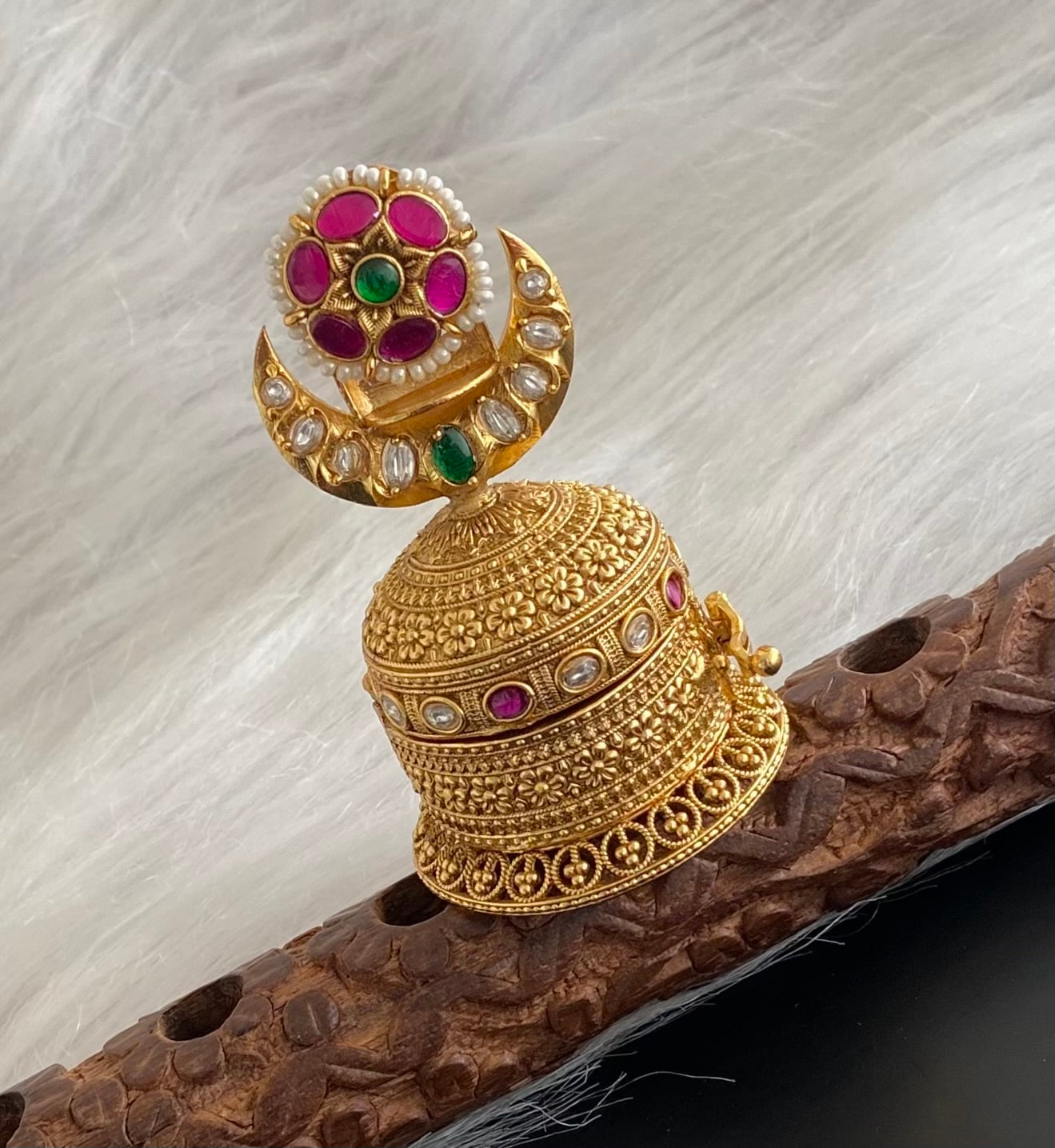 Gold tone pink -green-white kundan jadau flower kumkum box dj-54224