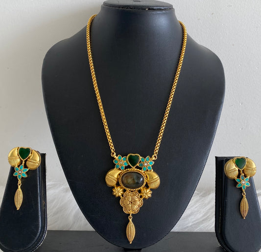 Antique gold tone natural stone turquoise jadau floral necklace set dj-54195