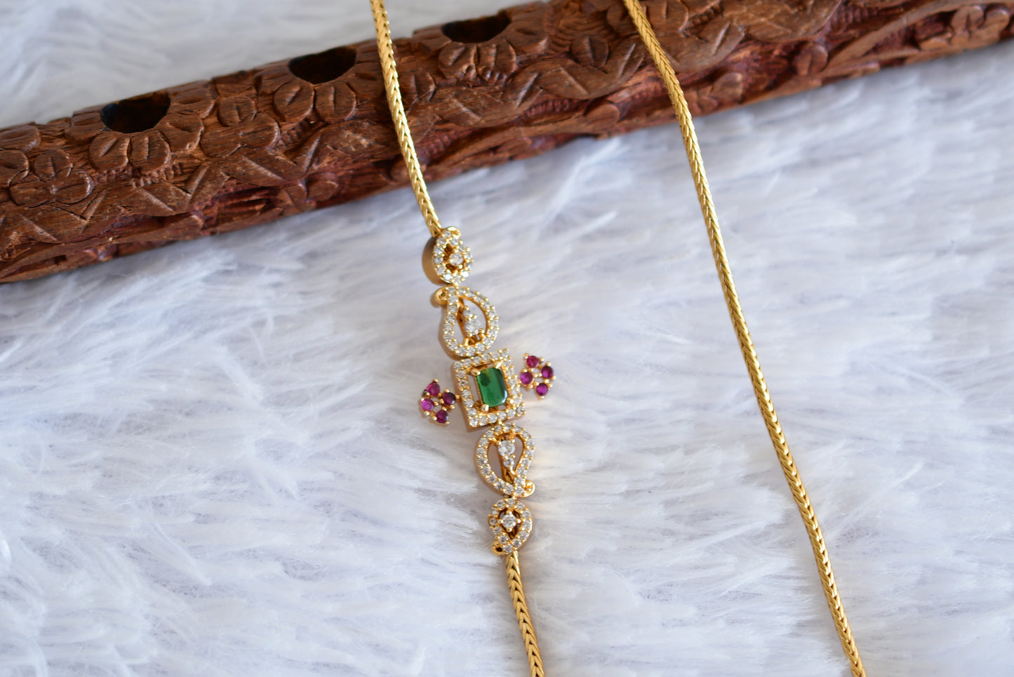 Matte finish cz kemp-green 24 inches mango mugappu chain dj-52415