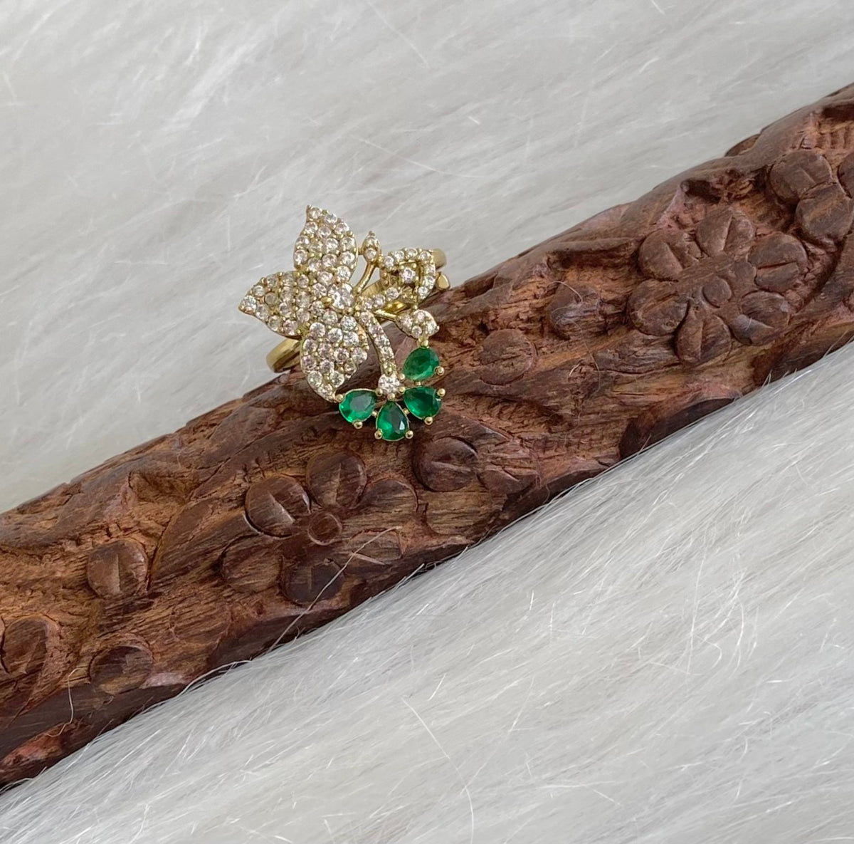 Antique gold tone cz white-green stone flower adjustable finger ring dj-55051