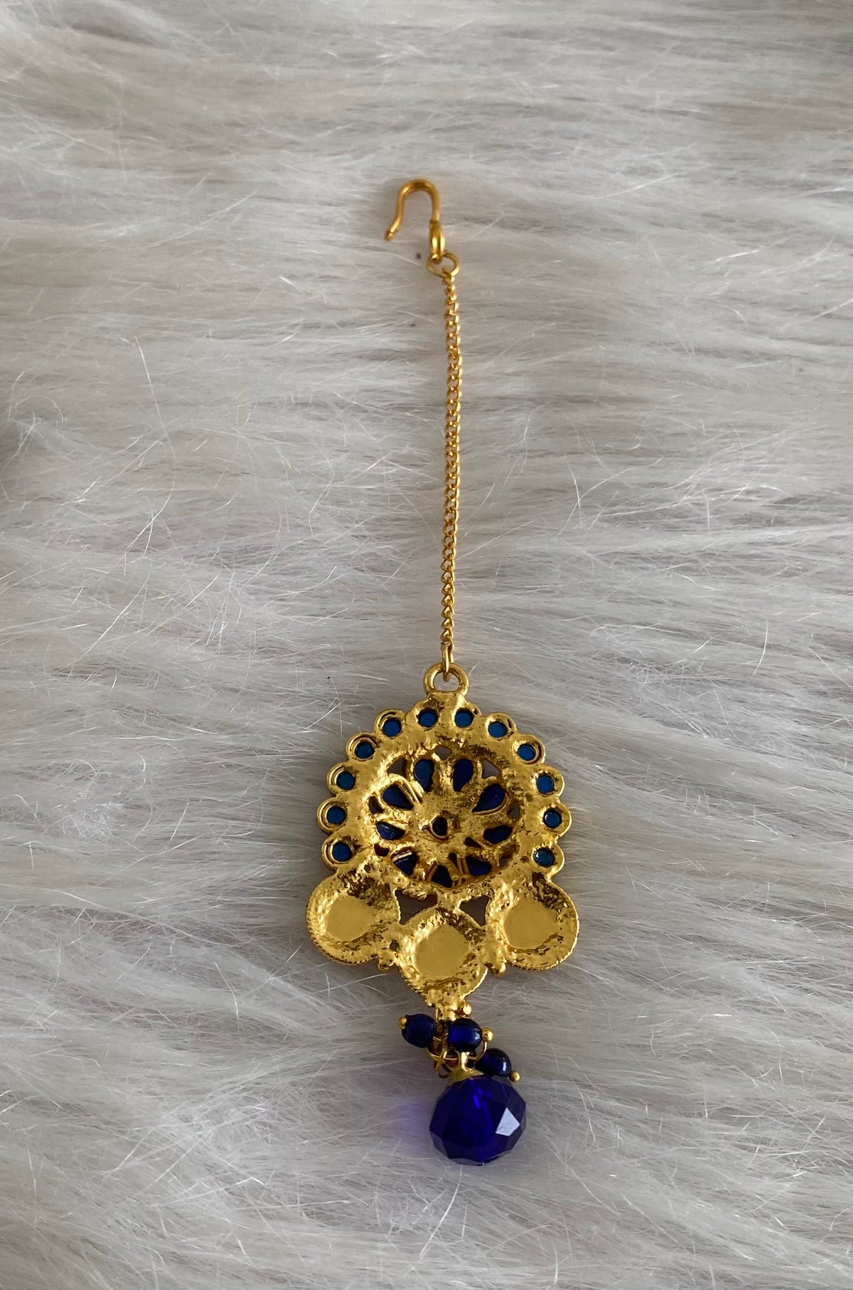 Gold tone blue stone lakshmi coin tikka dj-54793