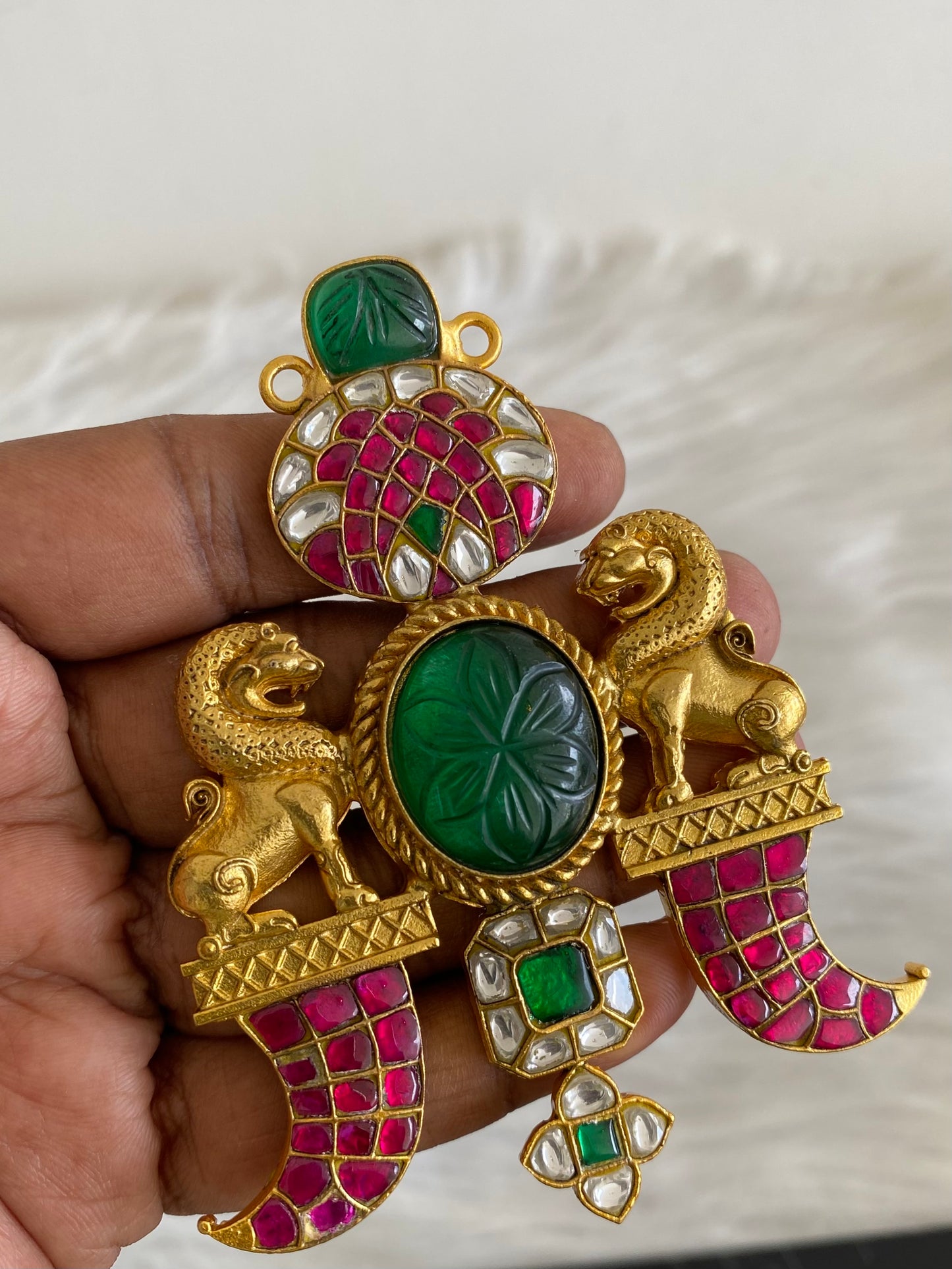 Antique carved green stone jadau lion pendant dj-53847