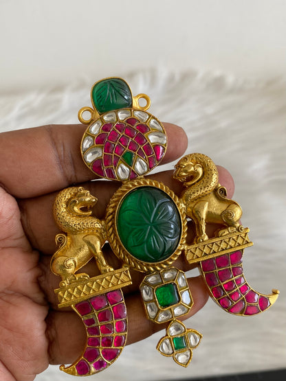 Antique carved green stone jadau lion pendant dj-53847