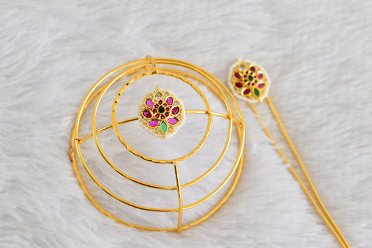 Gold tone kemp-green bun cage-hair accessory with stick Dj-52334