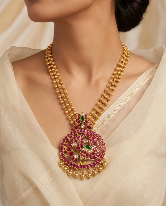 Gold tone pink-green-white kundan jadau swan necklace dj-54517