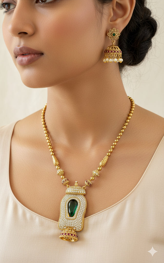 Antique gold tone pink-green-white Kerala style necklace set dj-51218