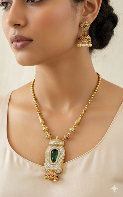 Antique gold tone pink-green-white Kerala style necklace set dj-51218