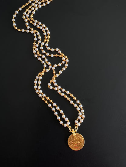 Gold tone 30 inches pearl chain with lakshmi coin pendant dj-54272