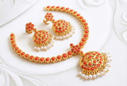 Gold tone coral south Indian style attigai/necklace set DJ18306