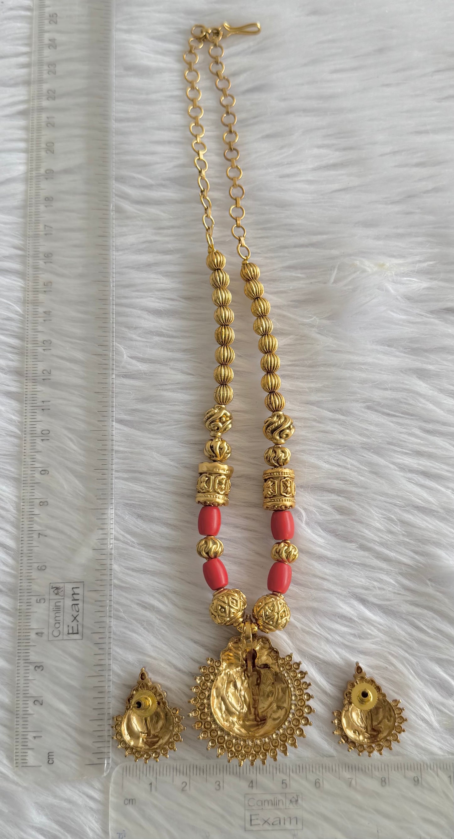 Matte finish coral beaded lakshmi necklace set dj-51106