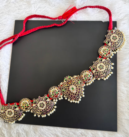 Gold tone precious kemp-green pearl peacock waist band dj-52540