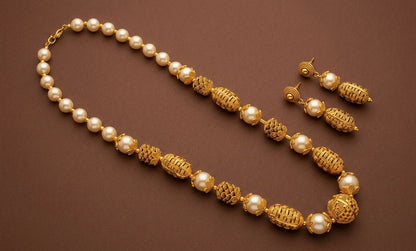 Antique gold tone pearl beaded necklace set -dj08010